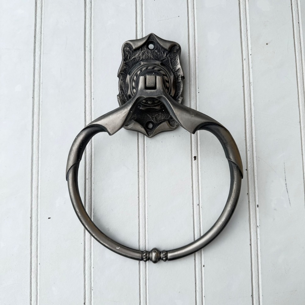Vintage Ornate Metal Towel Ring Antique Silver Pewter Finish Wall Mount Decor